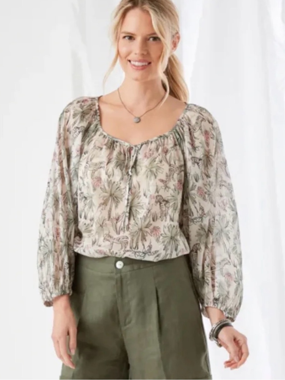 Karen Kane 100% Cotton Peasant Blouse Whimsical Zebra Botanical Print L New!